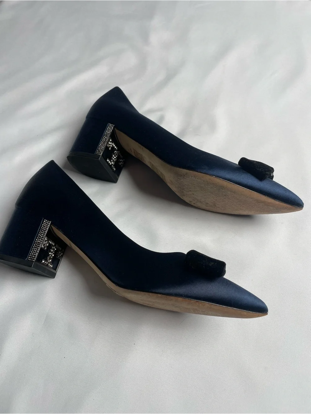 Tory Burch Navy Satin Pointed Flats with Black Velvet Bow